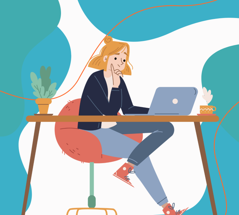 TickDone Thinking a decorative illustration of a woman sitting looking thoughtful while working on a laptop