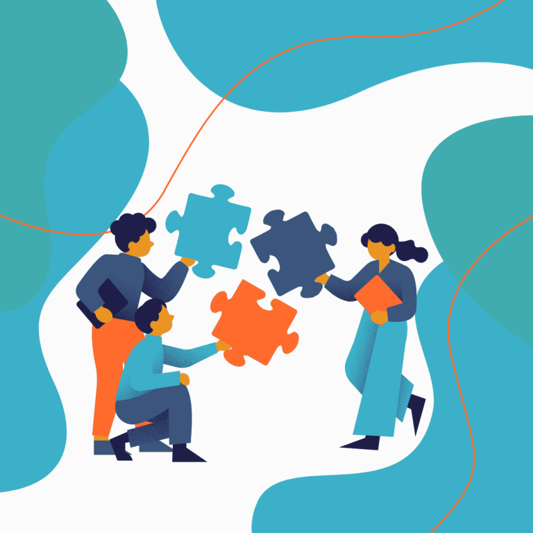 Decorative Image an image of 3 people all holding large jigsaw puzzle pieces which they are swapping with each other